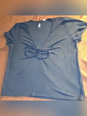 Me to We Black Ribbed Short-Sleeve Tie-Front Top